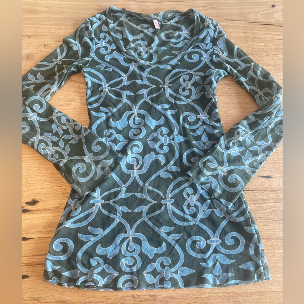 Long sleeve scoop neck mesh‎ Green blue Patterned Women's Tunic large Preloved